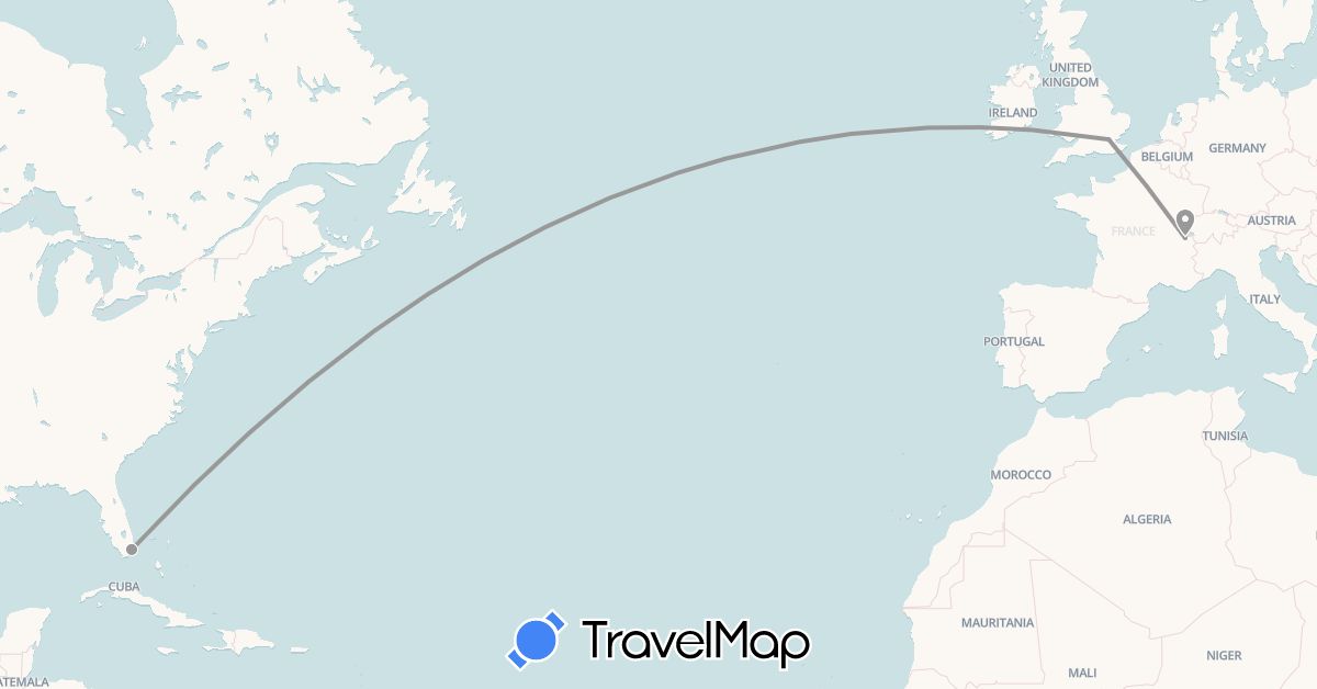 TravelMap itinerary: plane in Switzerland, United Kingdom, United States (Europe, North America)